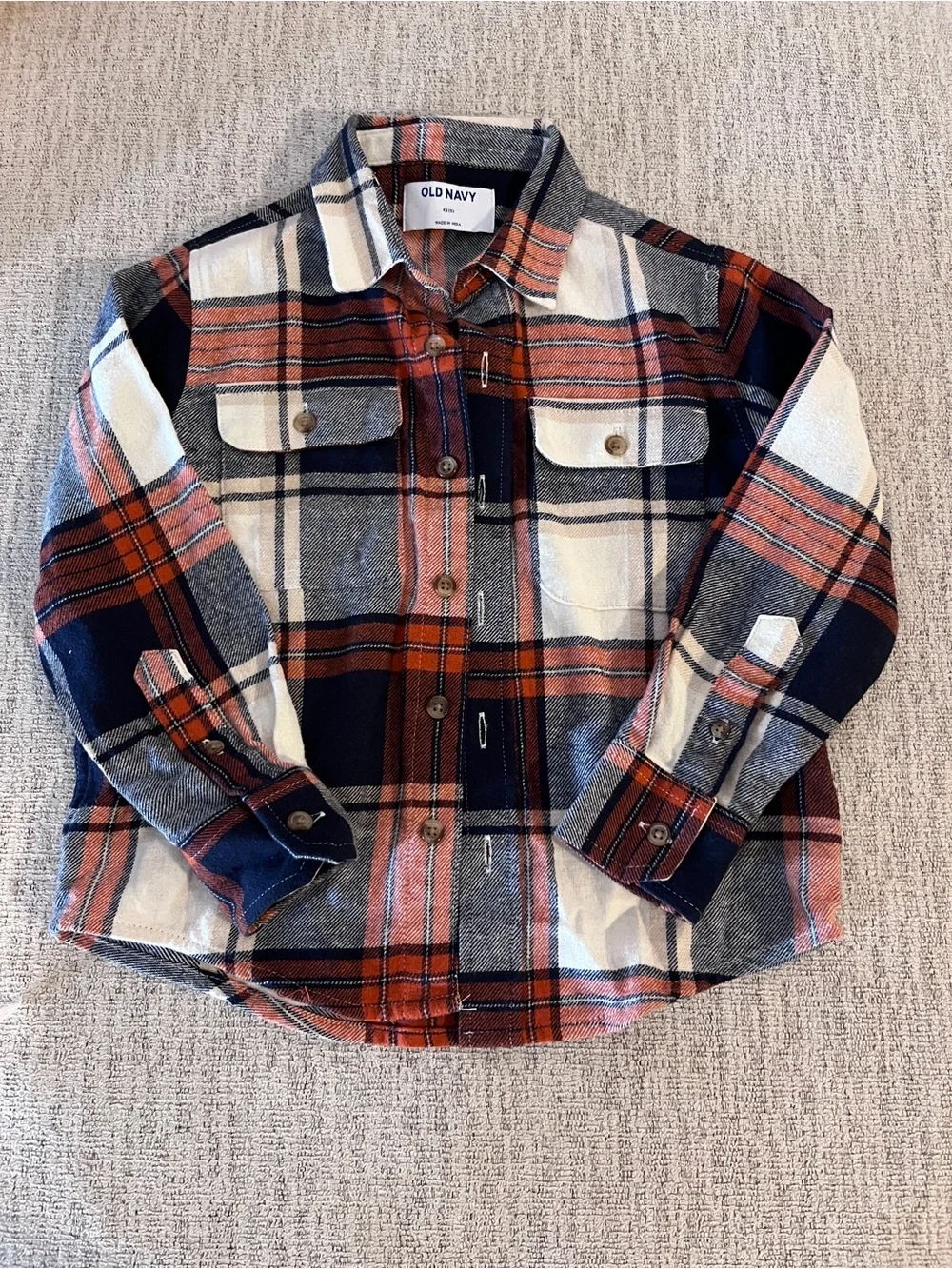 Old Navy Navy Orange Cream Plaid Button-Up Shirt